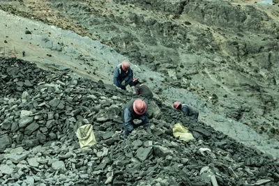 Workers with helmets collecting stones in a rocky quarry, an aerial perspective.